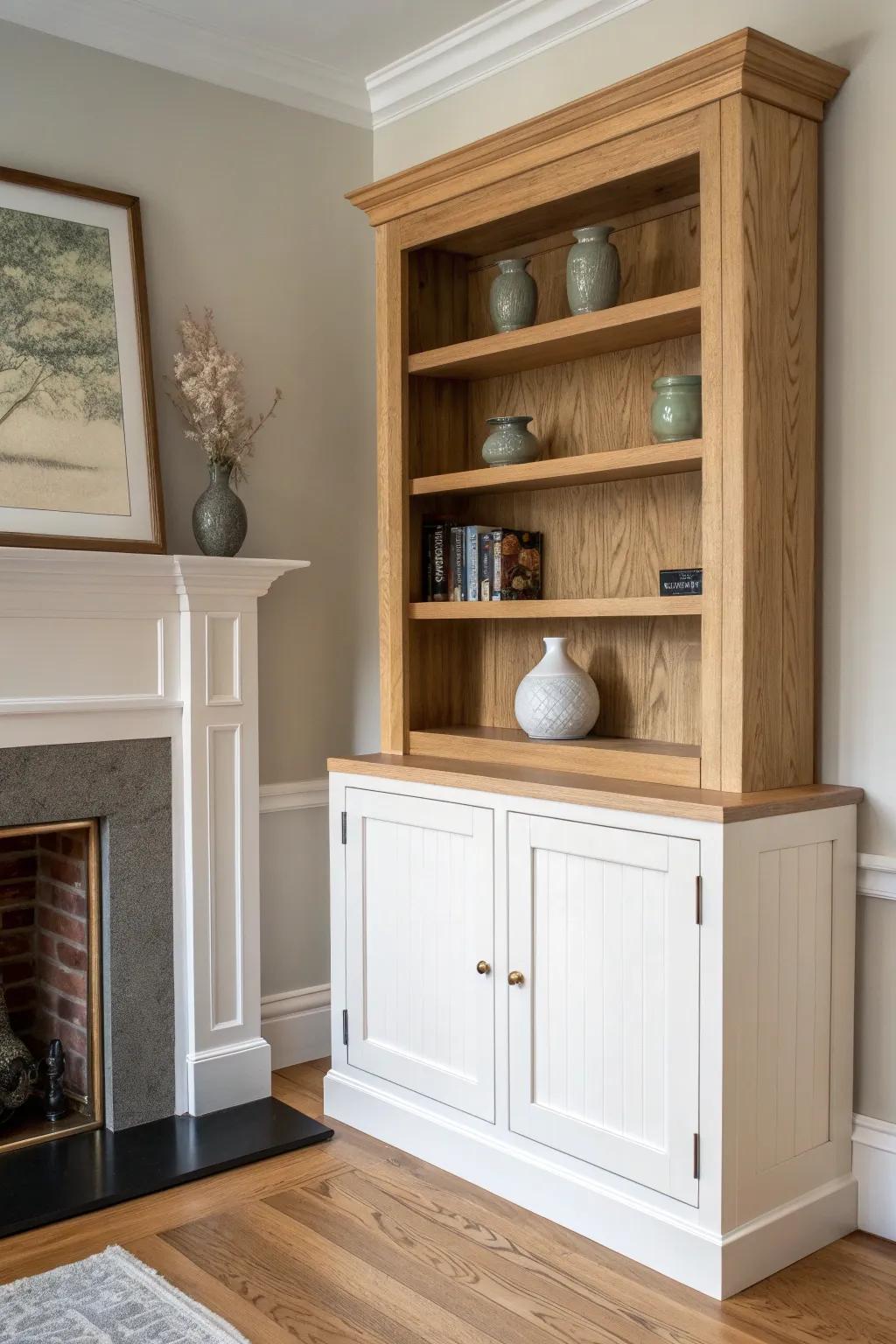 Built-in shelves with shaker doors bring a collected modern-traditional look beside the mantel.