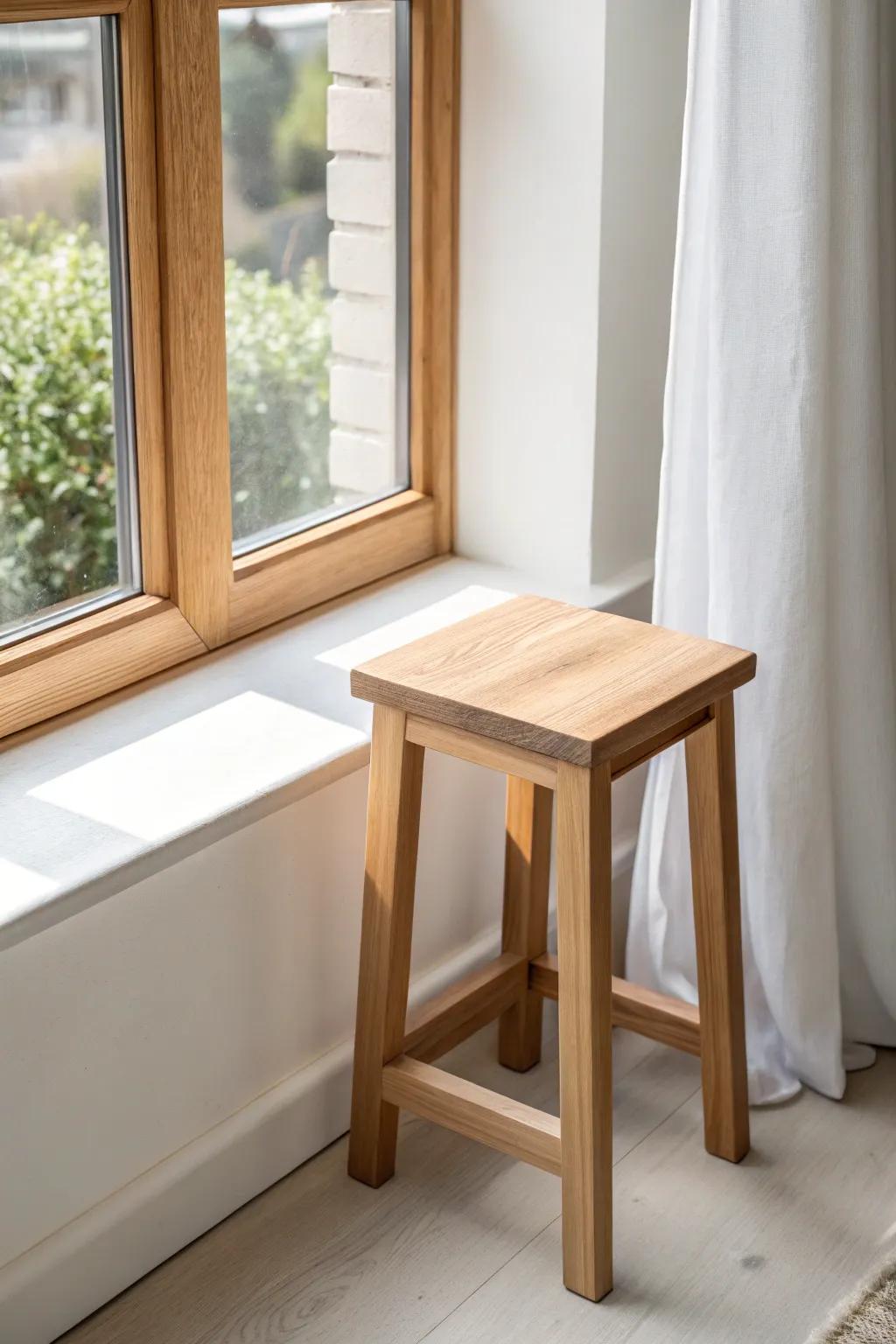 Minimal window stool + flat apron trim—clean lines, warm oak grain, modern built-in depth.