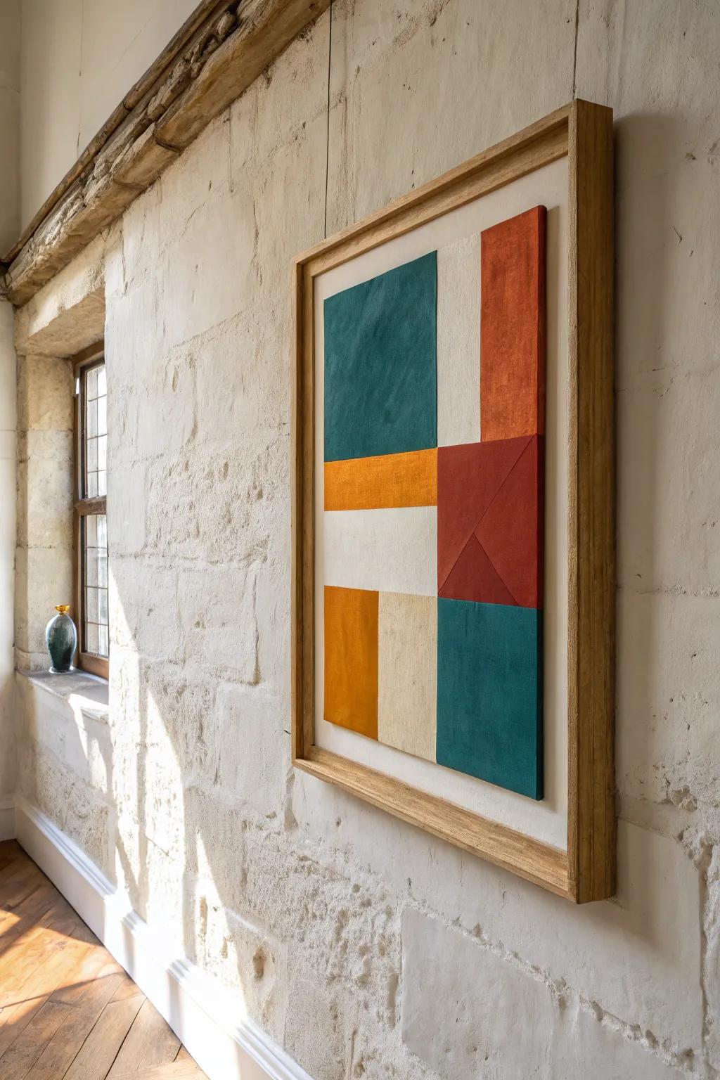 Bold abstract art in a slim oak frame adds modern edge to timeworn Tudor plaster.
