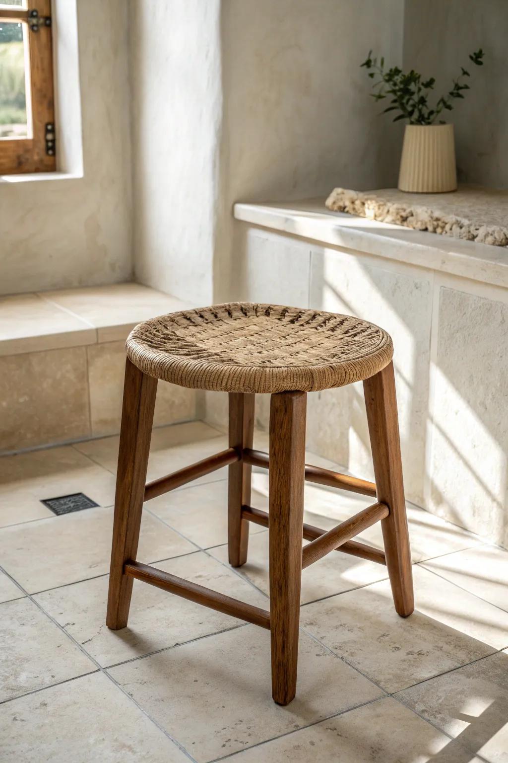 Keep travertine underfoot and let warm handcrafted wood soften the Tuscan bathroom mood.