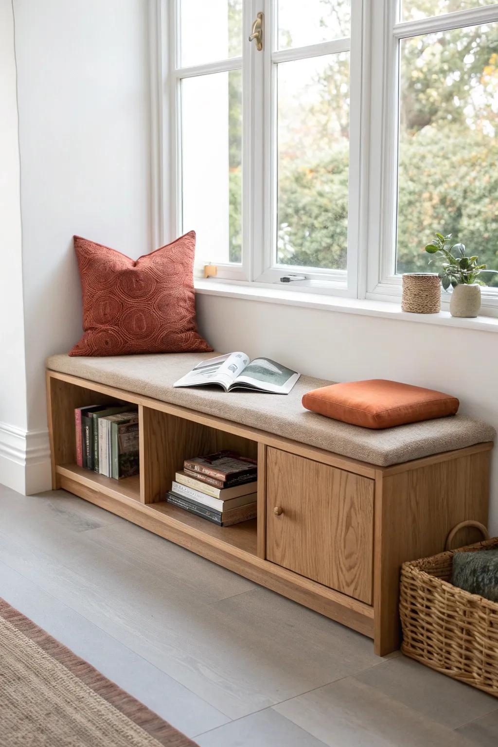 A floating oak window seat with airy open cubbies—perfect for baskets, books, and light.