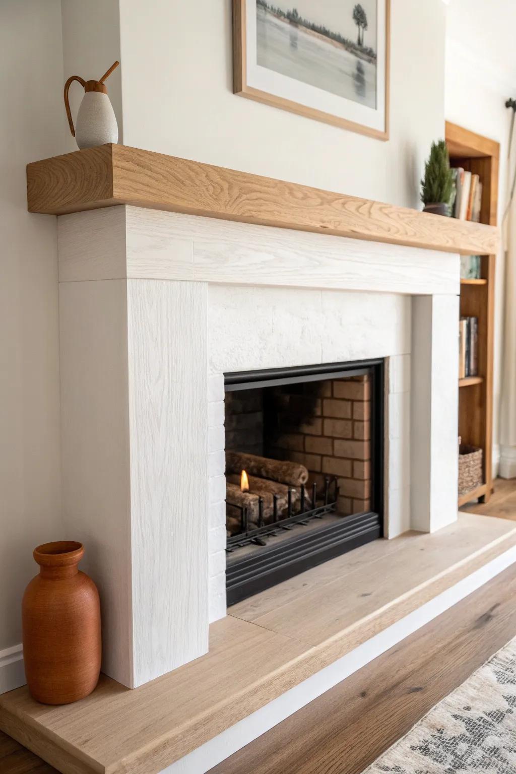 Airy modern fireplace: bright white surround + pale oak mantle with a cozy ember glow.