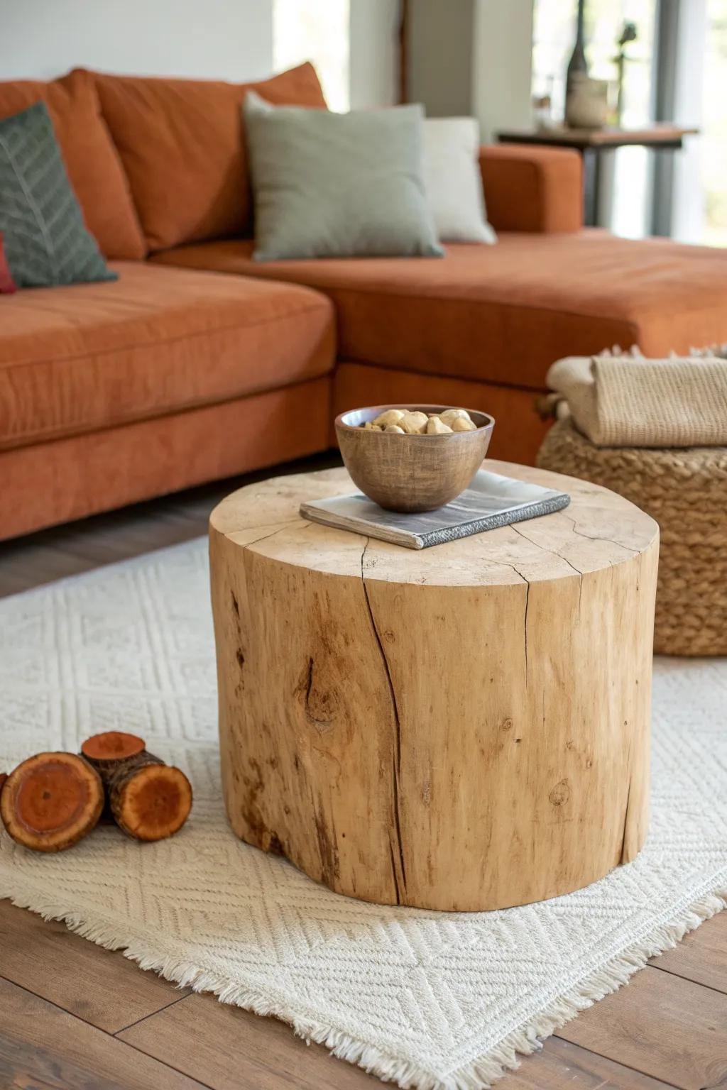 A cozy deep-seat “movie pit” setup—anchored by a handcrafted stump table for snacks.