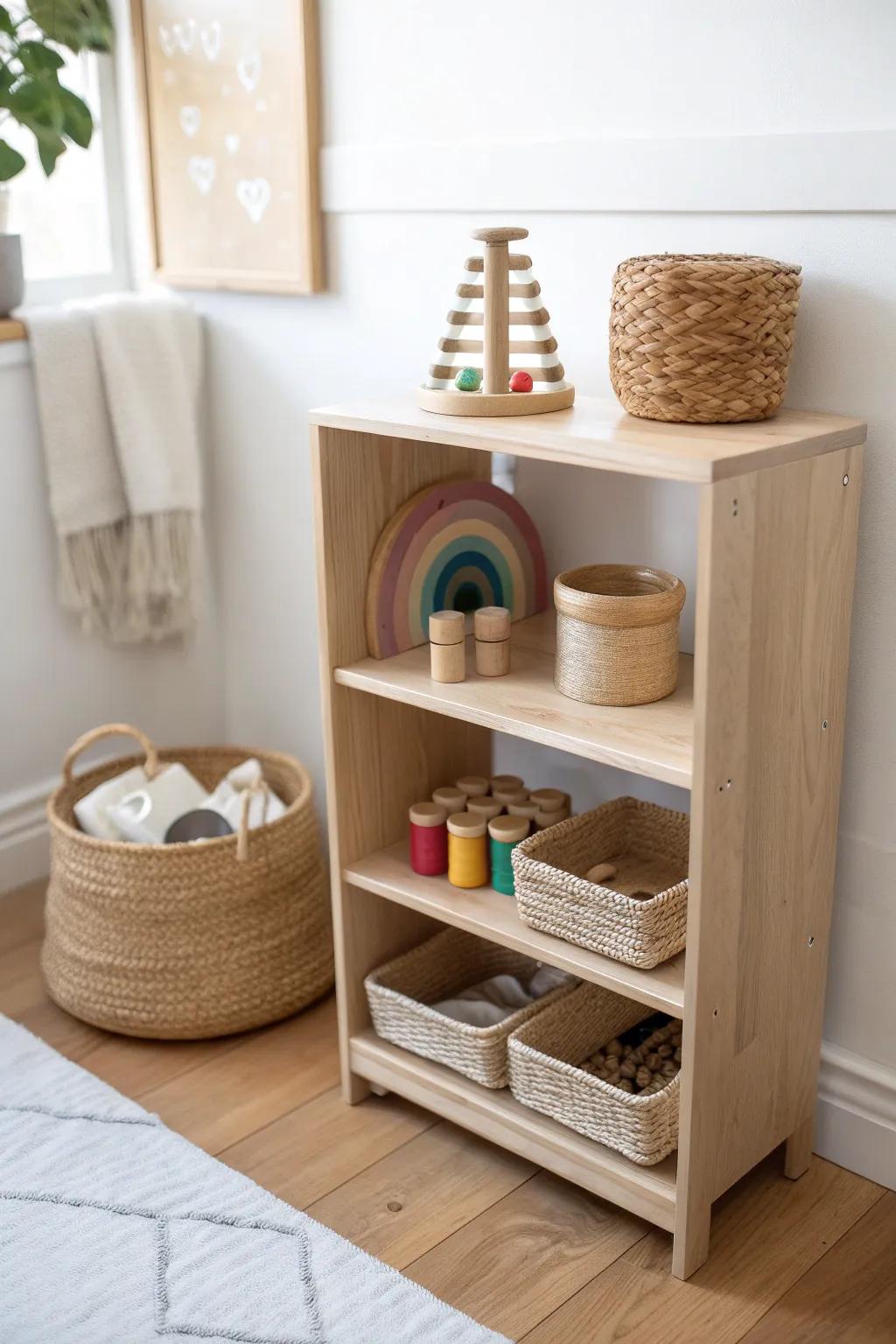 A rotation-ready Montessori shelf: just 2–6 activities, plus a simple overflow bin for swaps.