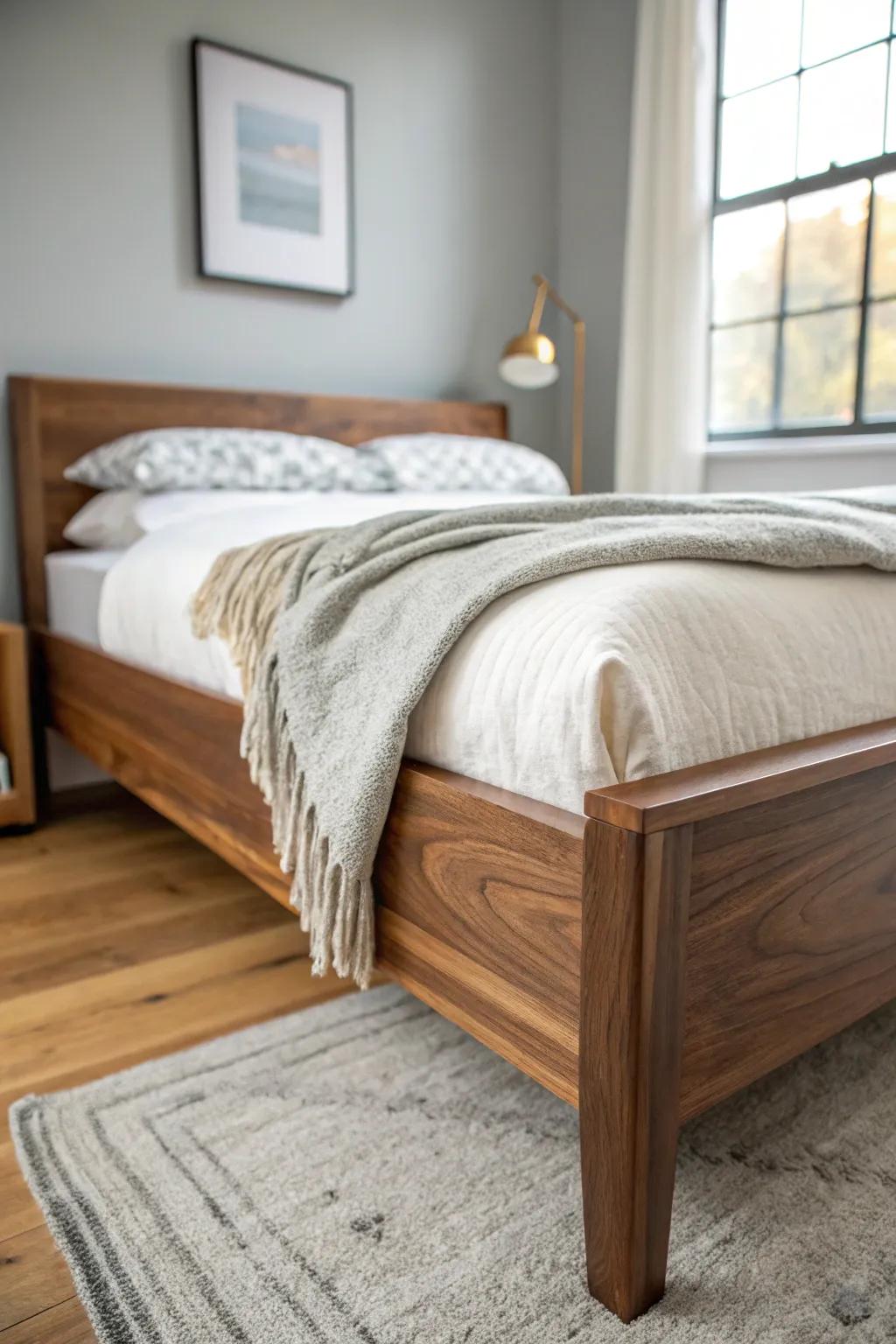 Warm walnut and soft grays, brightened by crisp white linens—mountain calm with modern edge.