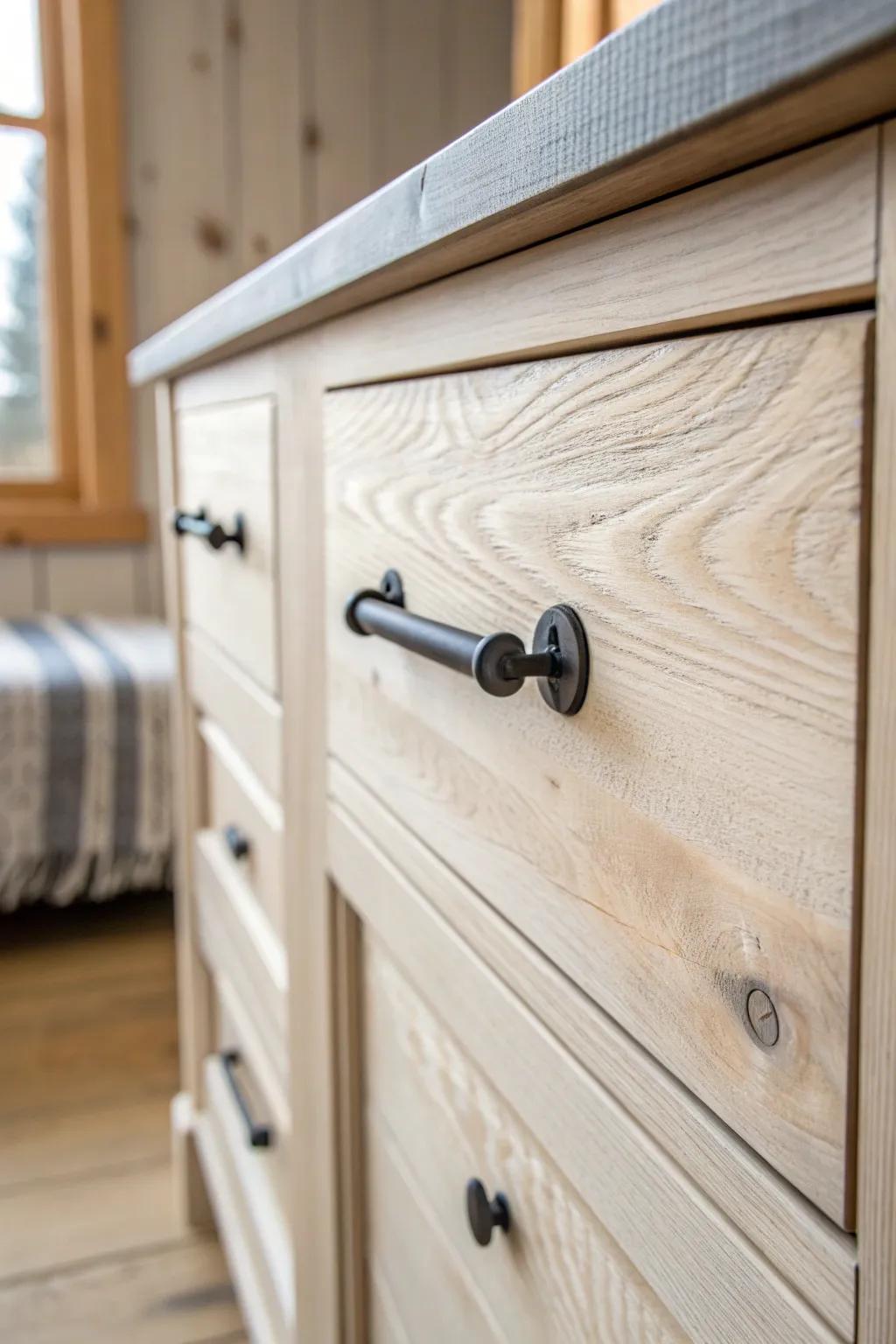 Matte-black iron hardware instantly adds rugged, high-end cabin character to light wood.