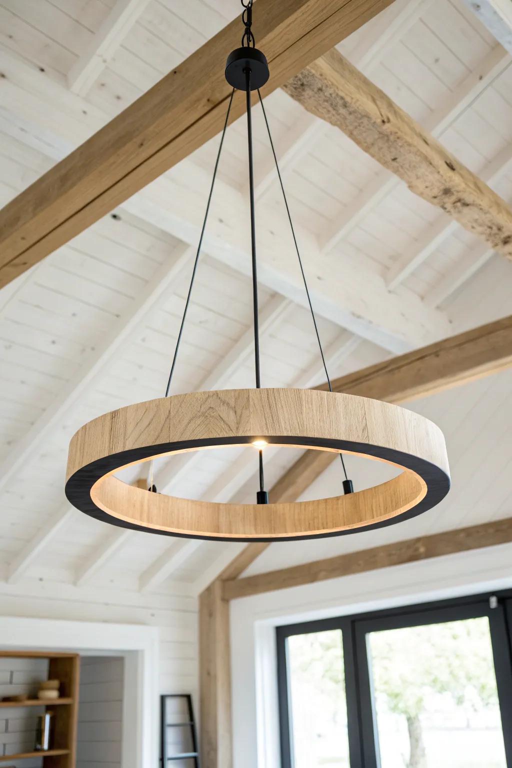 A clean iron-ring chandelier with warm wood brings instant drama to vaulted mountain ceilings.