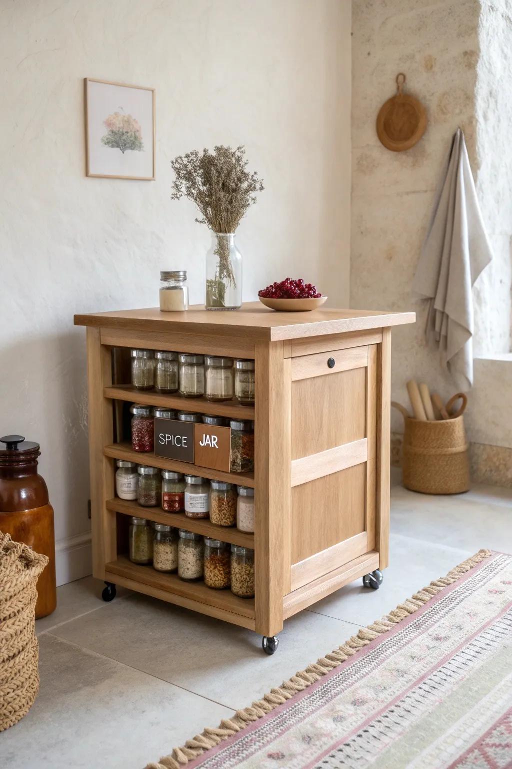 A slim side spice rack turns a movable island into a beautiful, space-saving prep station.
