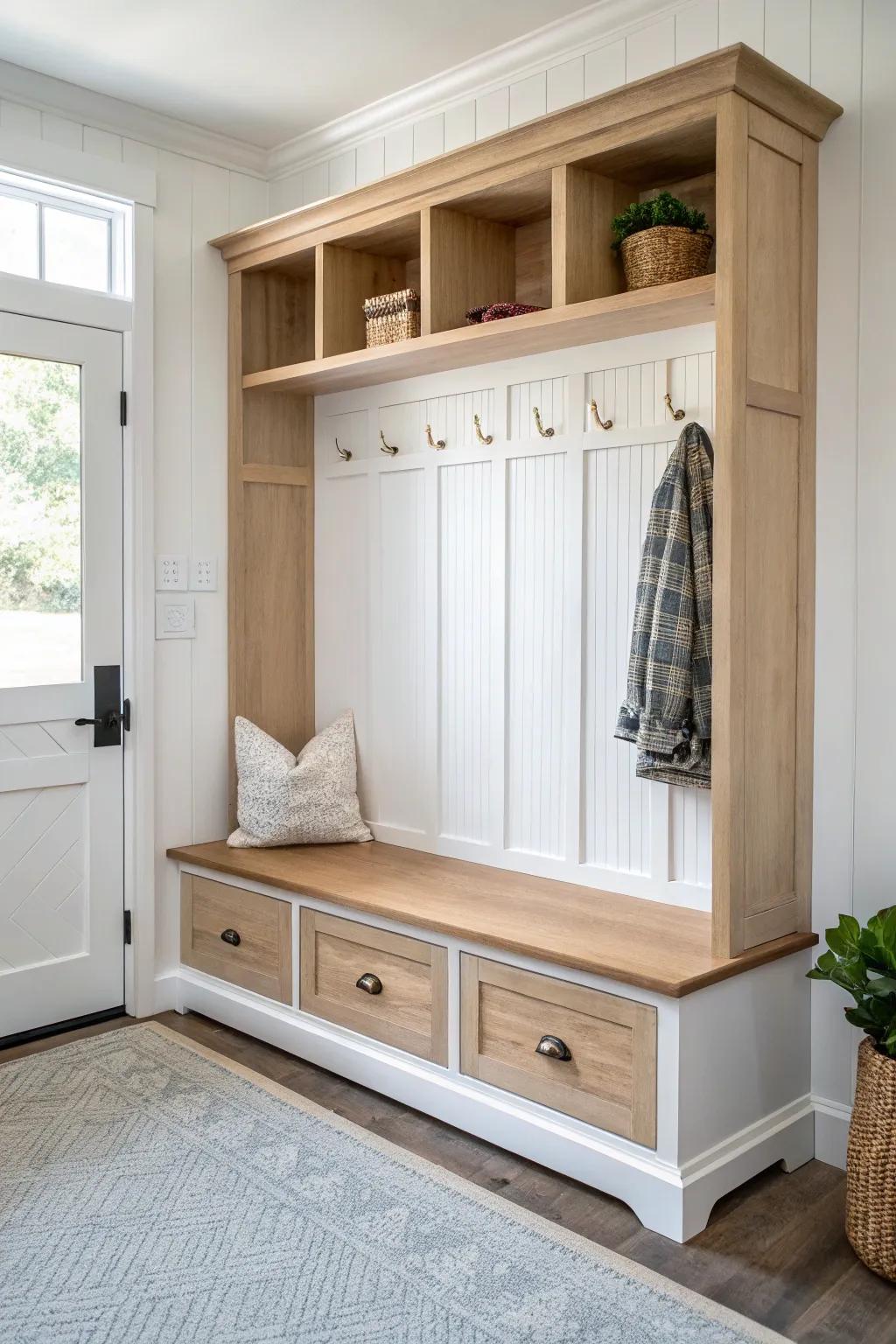 Beadboard backing makes a mudroom cabinet wall cozy, durable, and beautifully farmhouse.