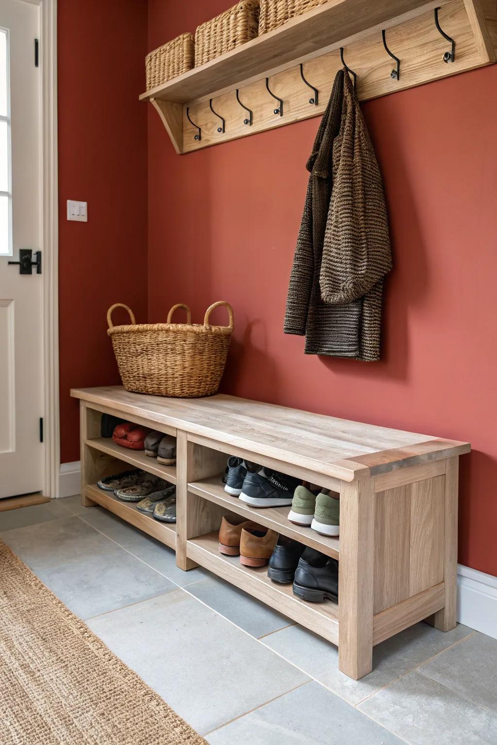 Slim oak mudroom bench with low-profile shoe slots—perfect for narrow hallway flow.