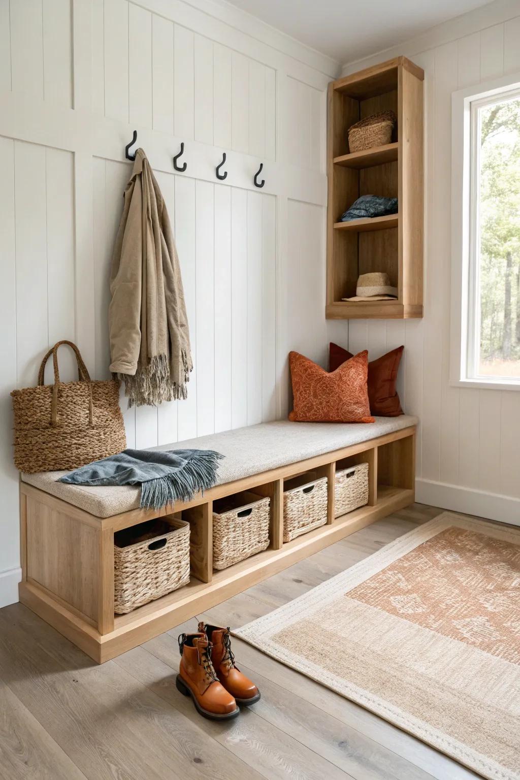 Corner L-shaped bench nook that doubles storage—hooks on both walls keep kid and adult gear separate.