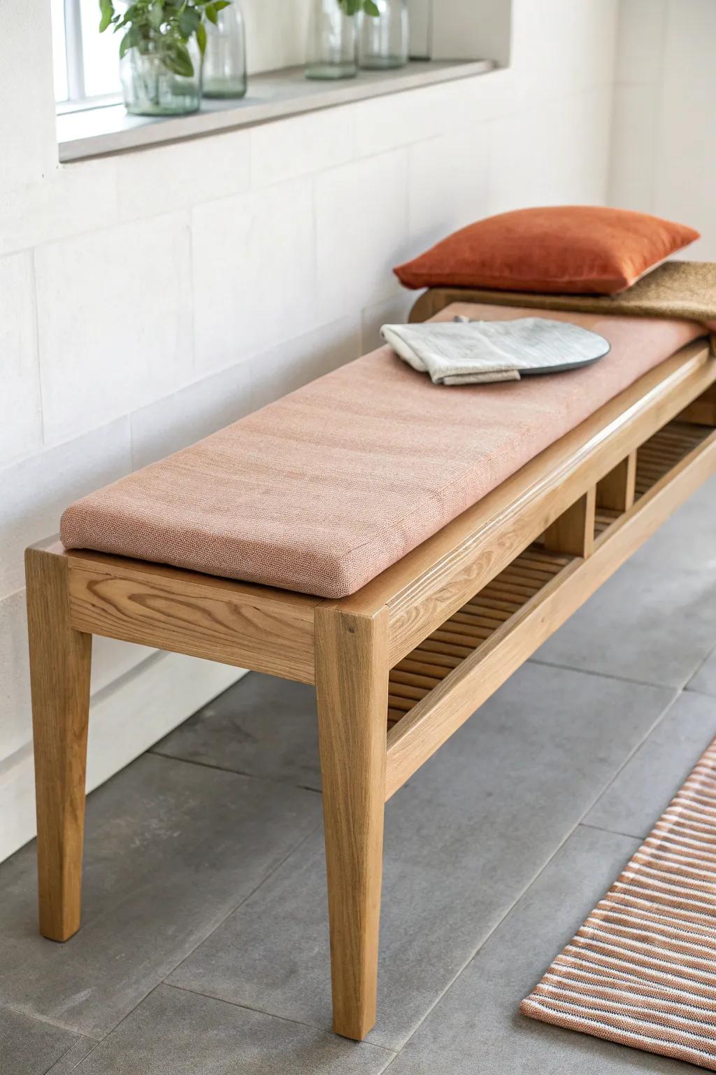 Flip-up dining bench: sleek oak seating with hidden storage for linens and everyday clutter.