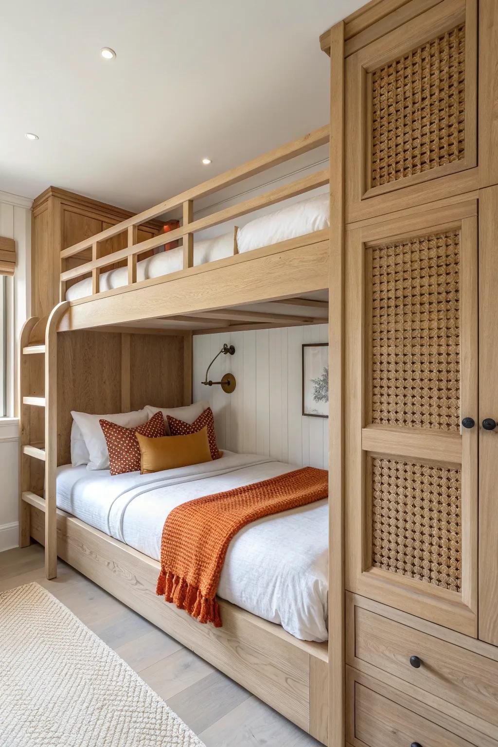 A seamless built-in bunk wall in warm oak—minimal lines, cozy linens, bold accents.