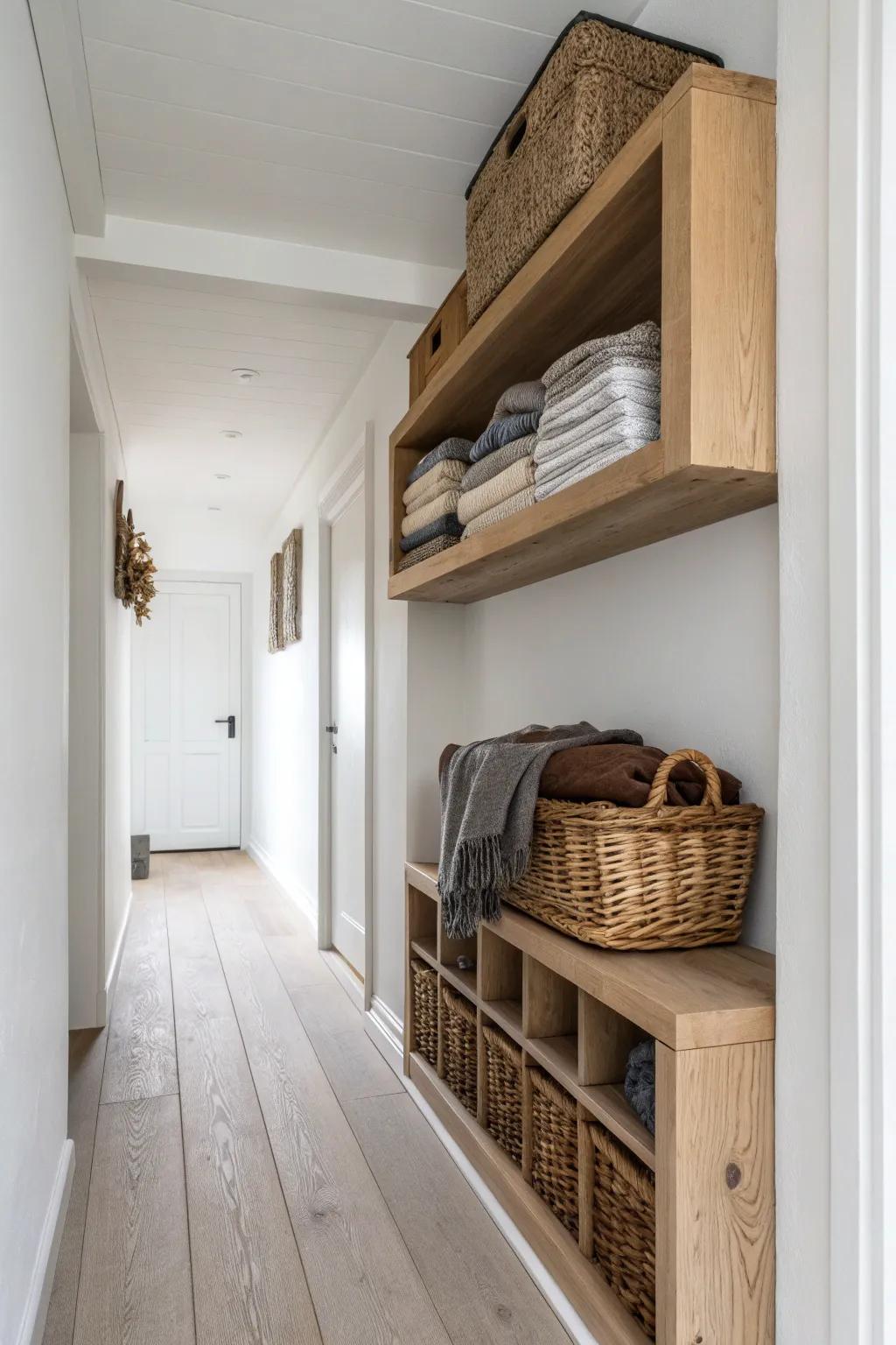 Use vertical space: a high oak shelf keeps off-season gear tidy in a narrow hallway.