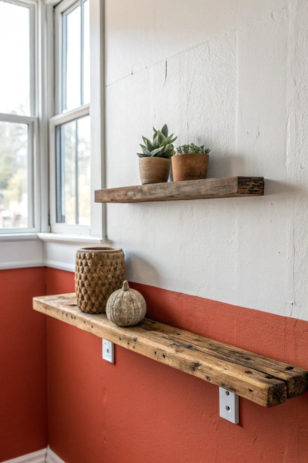 Reclaimed wood floating shelf, styled with one found seed pod—minimal, warm, and collected.