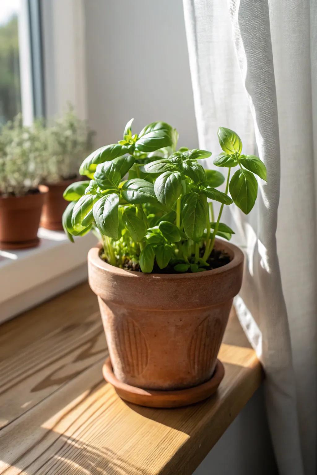 Fresh basil in a clay pot on an oak sill—sunlit, simple, and ready for tonight’s cooking.