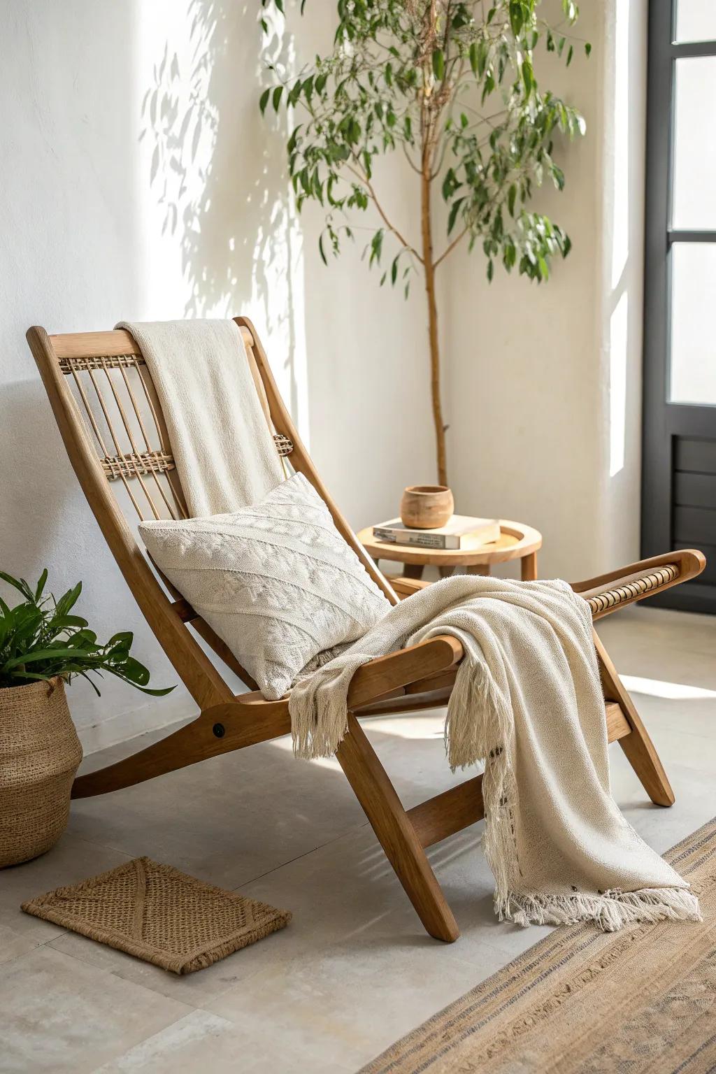 Creamy linen on handcrafted oak brings airy calm—light, breathable texture with bold contrast.