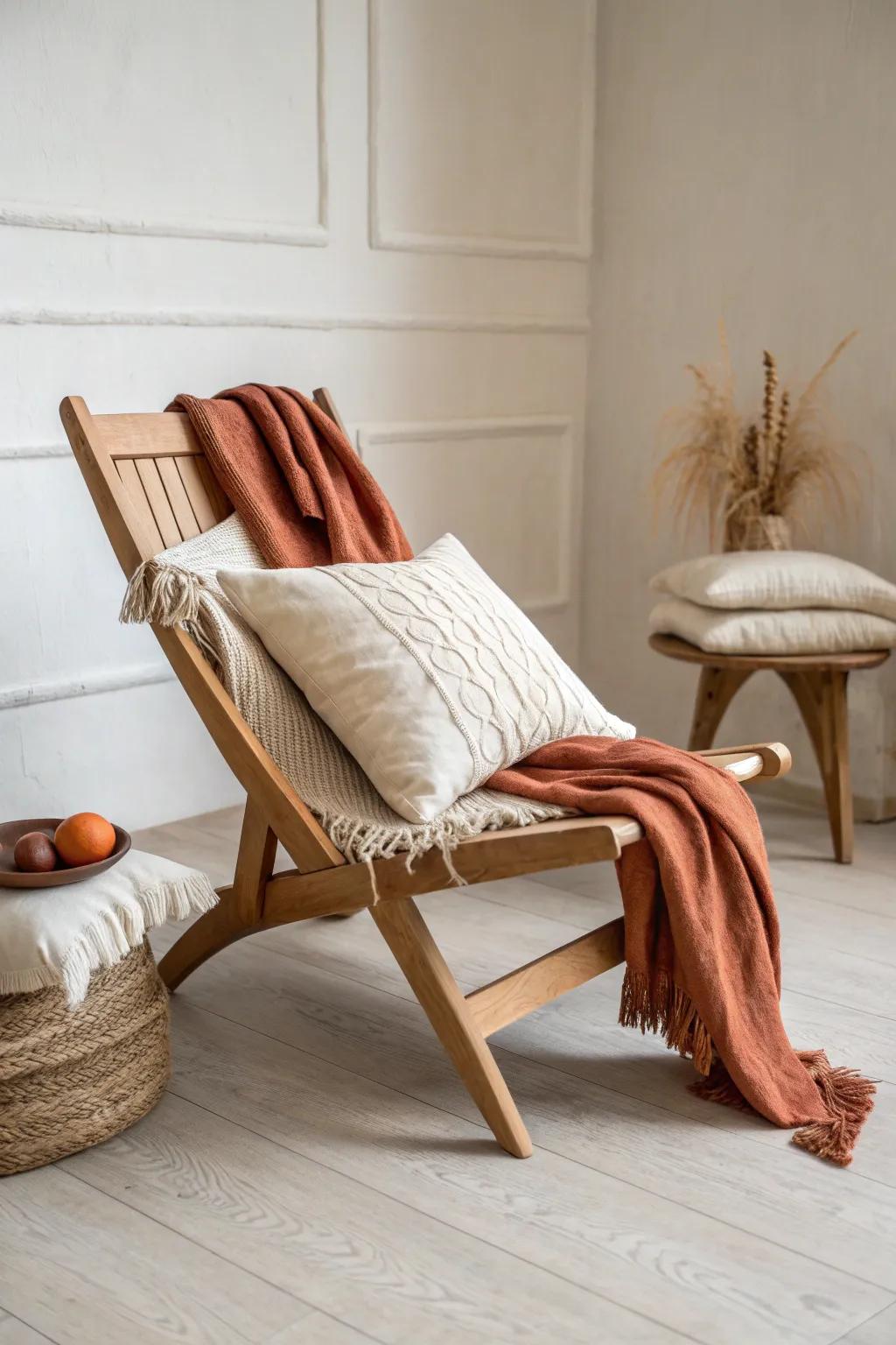 Layer linen, cotton, and chunky wool on light oak for a cozy, elevated natural living room.