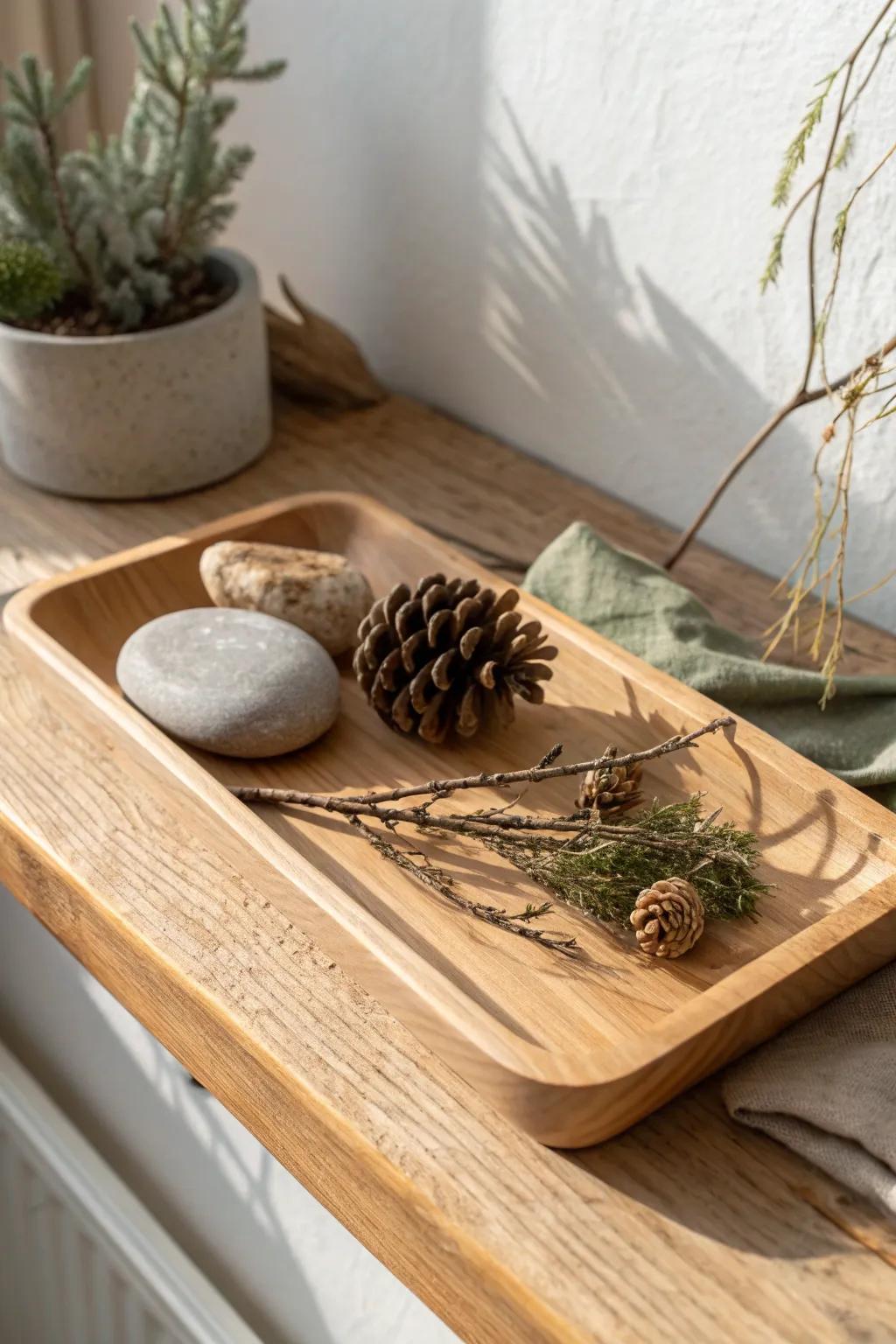 A simple wood tray makes stones, pinecones, and branches feel like curated shelf art.
