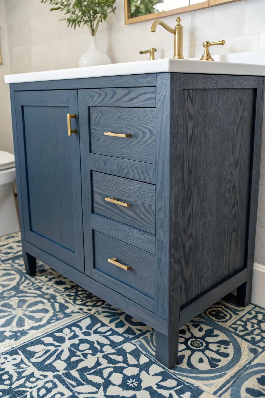 Navy wood vanity paired with blue-and-white patterned tile for an instant high-end look.