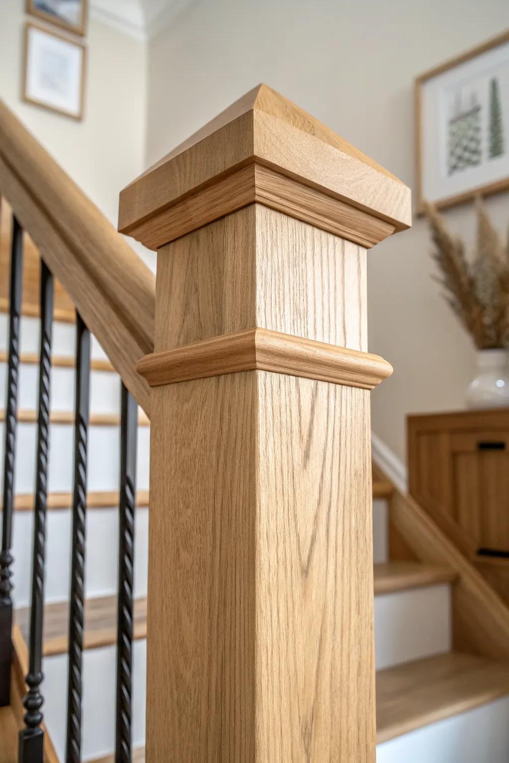 Match handrail wood for a seamless newel cap—do quick stain tests on offcuts first.