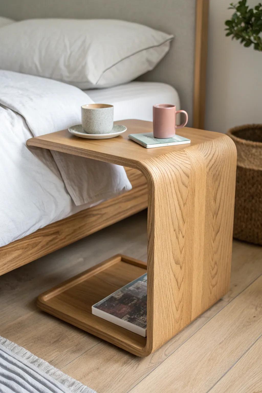 Slide-under C table: the space-saving bedside alternative with warm wood and bold contrast.