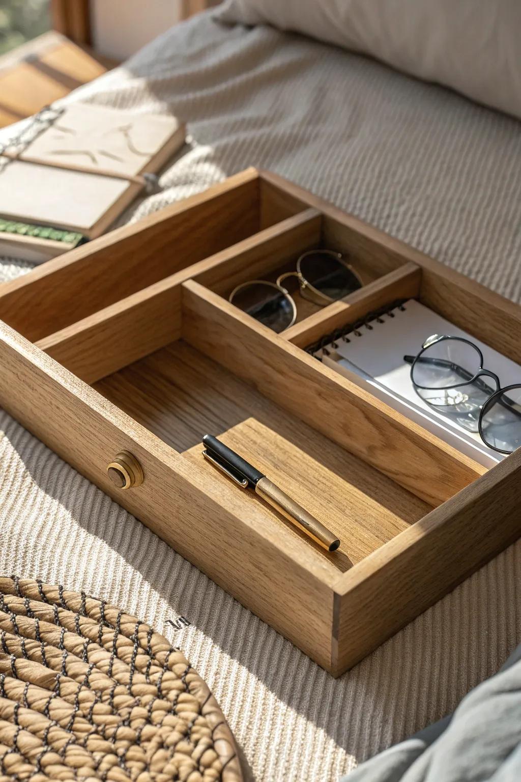 A simple wooden reading-kit tray: glasses, bookmark, and pen—always ready at bedtime.