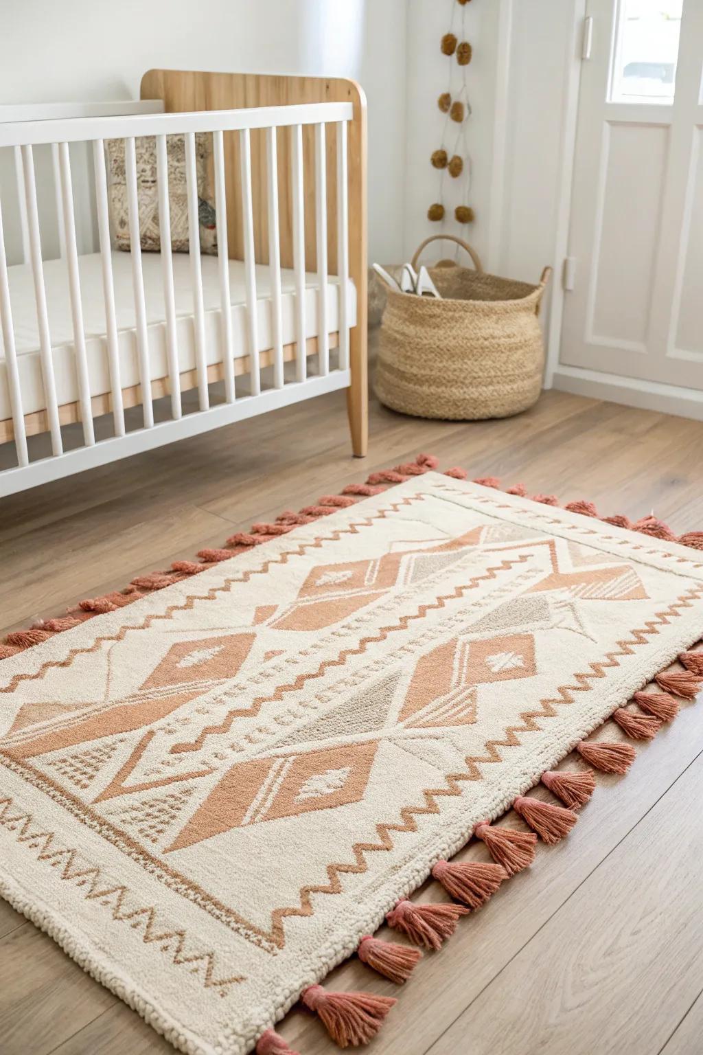 Layer a flat weave with a plush topper for a cozy, stylish nursery play zone.