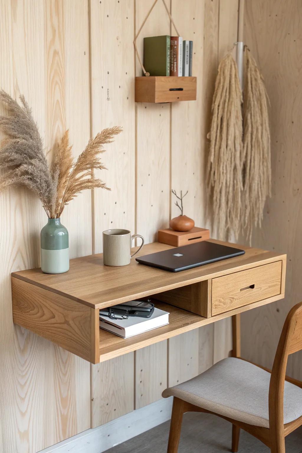 A floating wood desk with a slim drawer keeps this minimalist office cabin light and spacious.