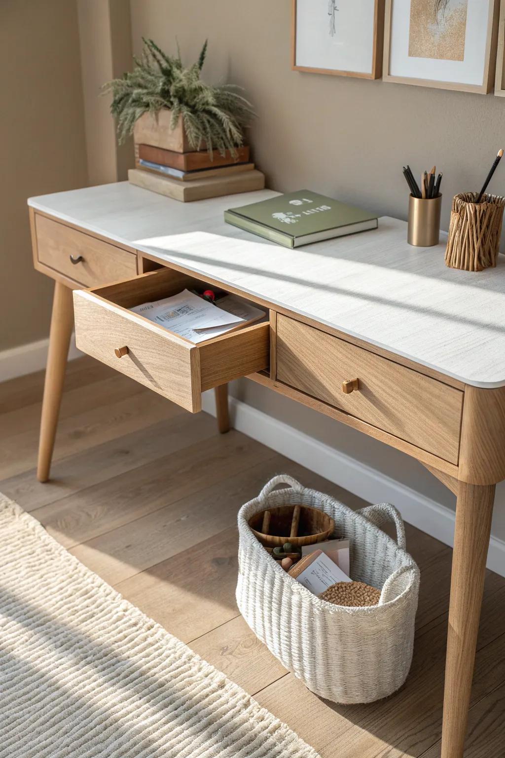 Hide supplies in a low under-desk drawer so your desktop stays calm, clear, and beautiful.