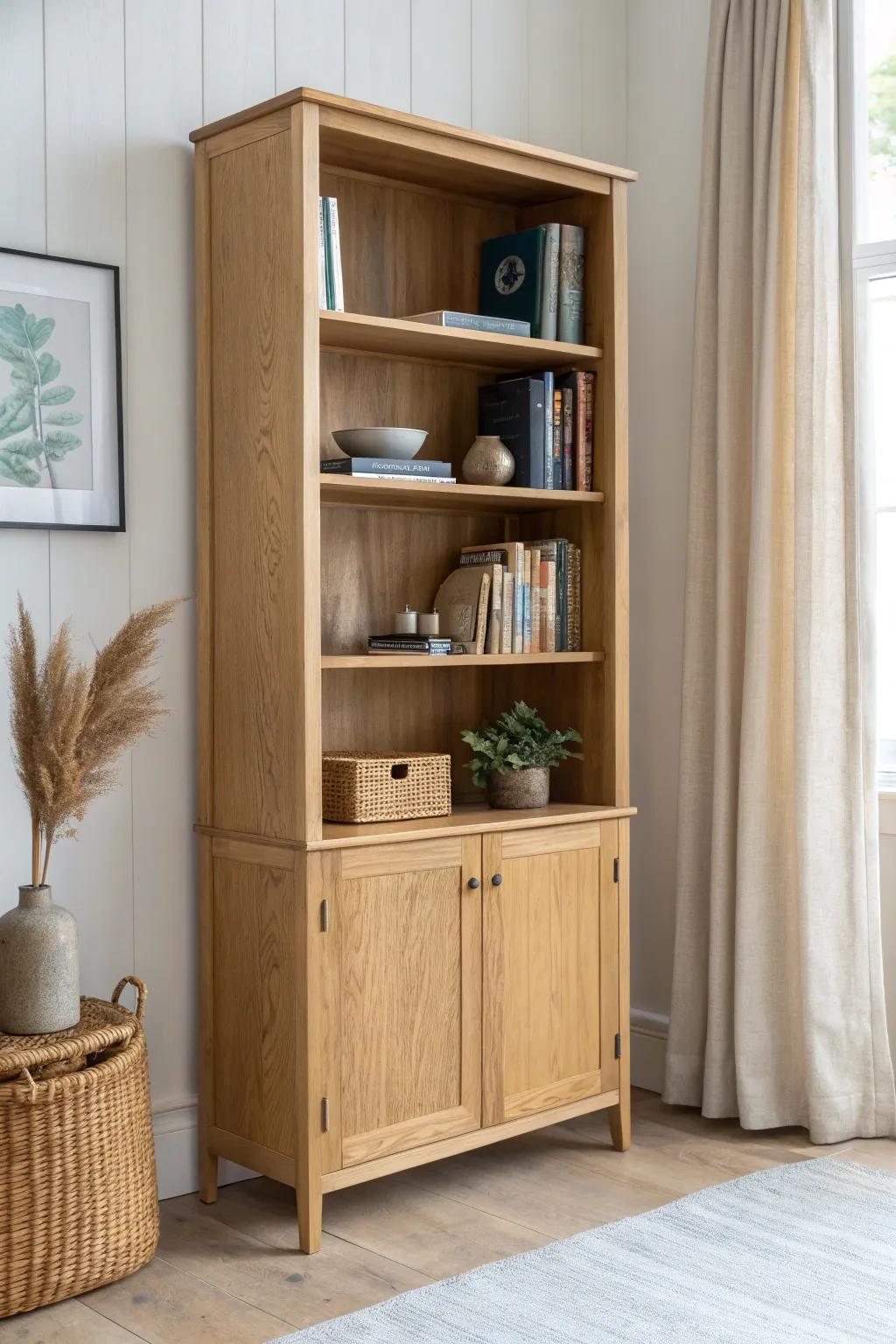 Open shelves for books, closed doors for the mess—an office library that stays calm and chic.