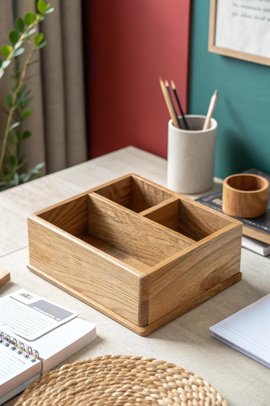 DIY wooden desktop organizer—clean Scandinavian lines with a warm boho pop of color.