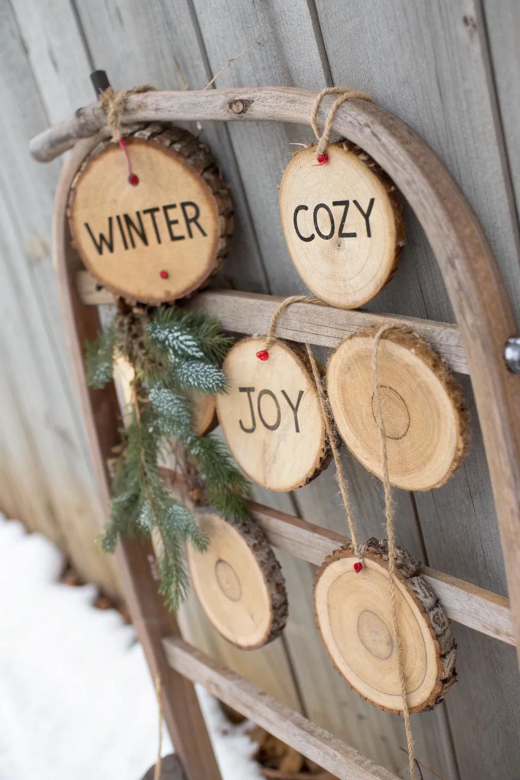 Wood-slice garland with burned words—minimal, boho, and perfect on a vintage sled.