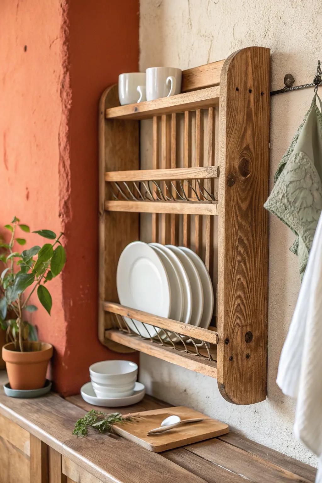 A charming reclaimed-wood plate rack—minimal, handmade, and instantly makes dishes feel like decor.