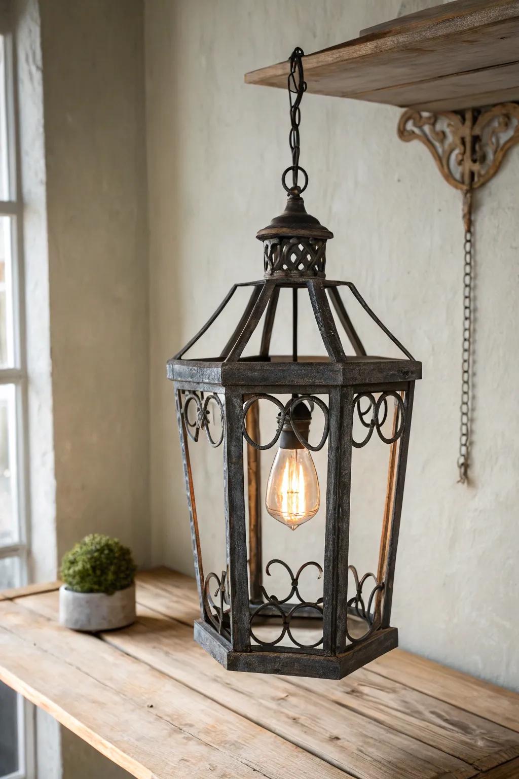 A weathered wrought-iron pendant with warm bulbs adds instant old-world romance to any kitchen.