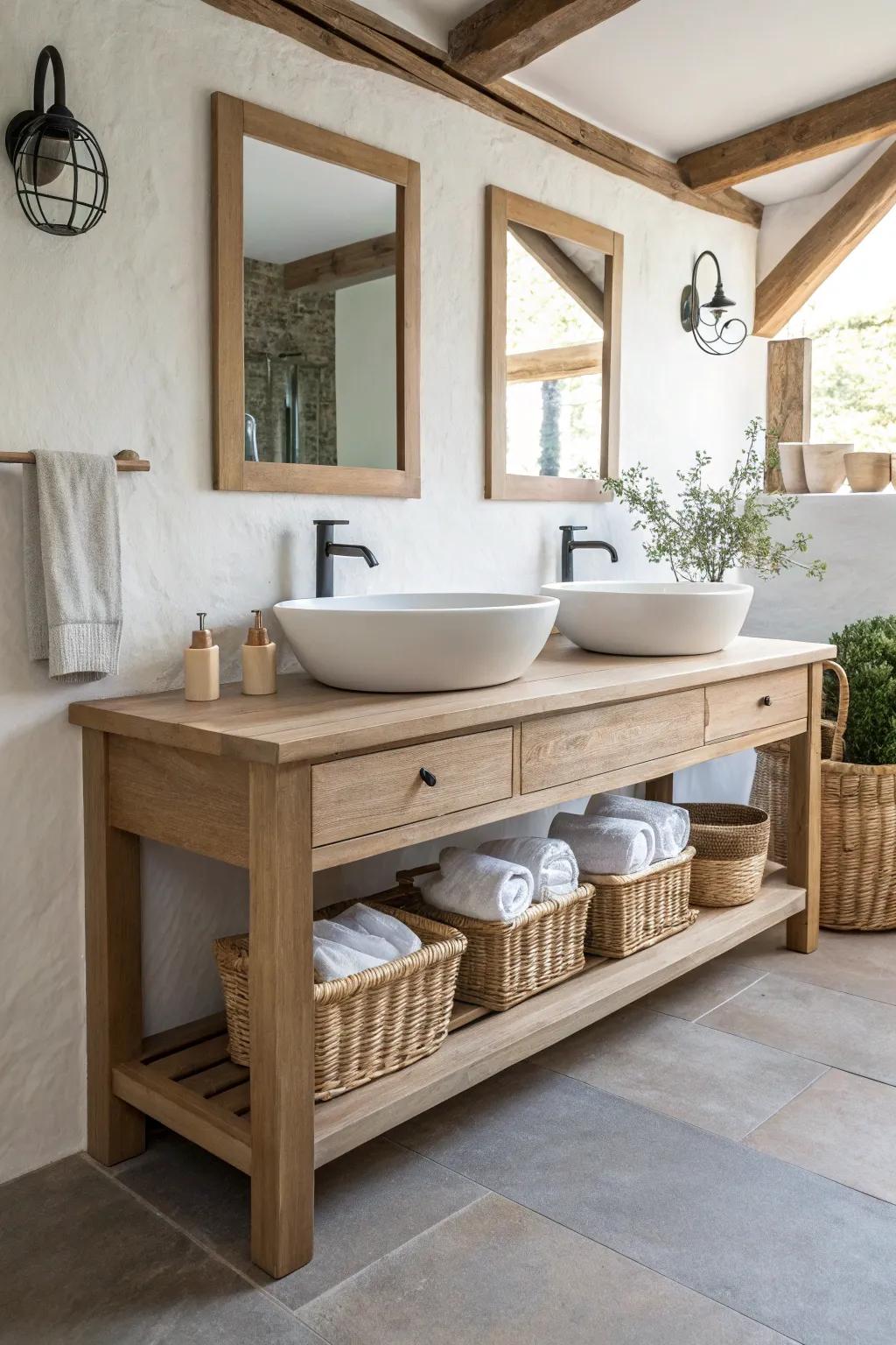 Double-sink open vanity with a center shelf—shared storage, airy look, warm oak craftsmanship.