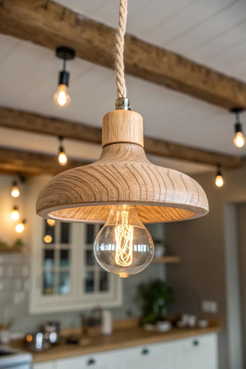 A sculpted oak pendant brings cozy glow—ideal for layering light across an open ranch kitchen.