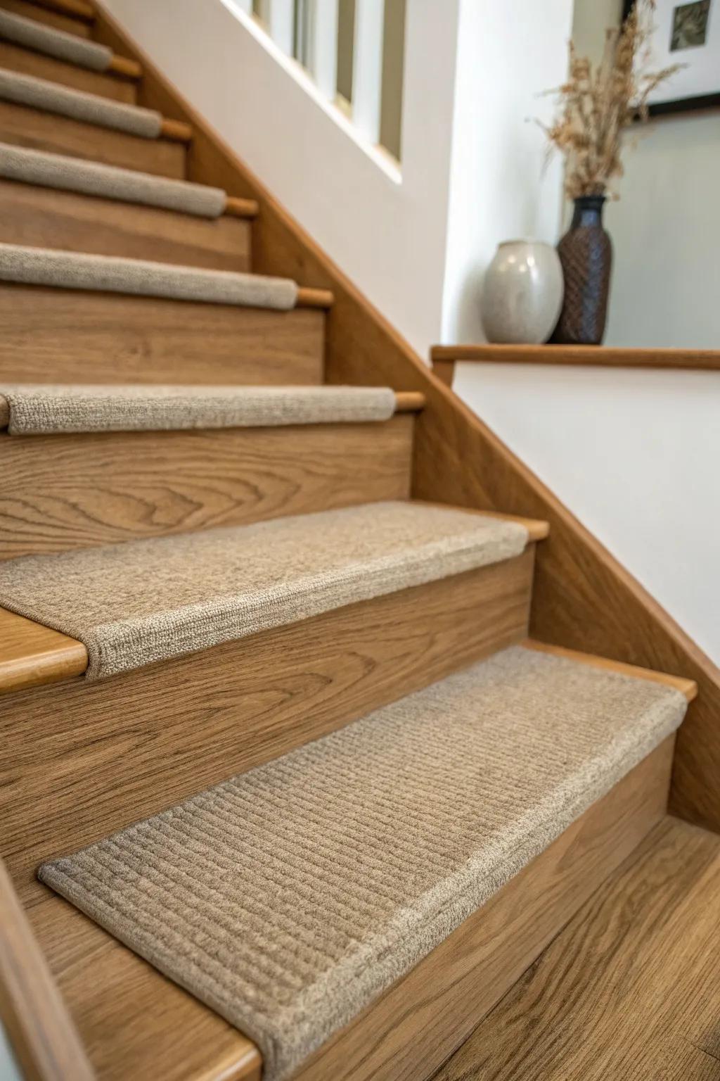 Tone-on-tone wool tread matched to stained oak—quiet, cozy, and photo-ready luxe.