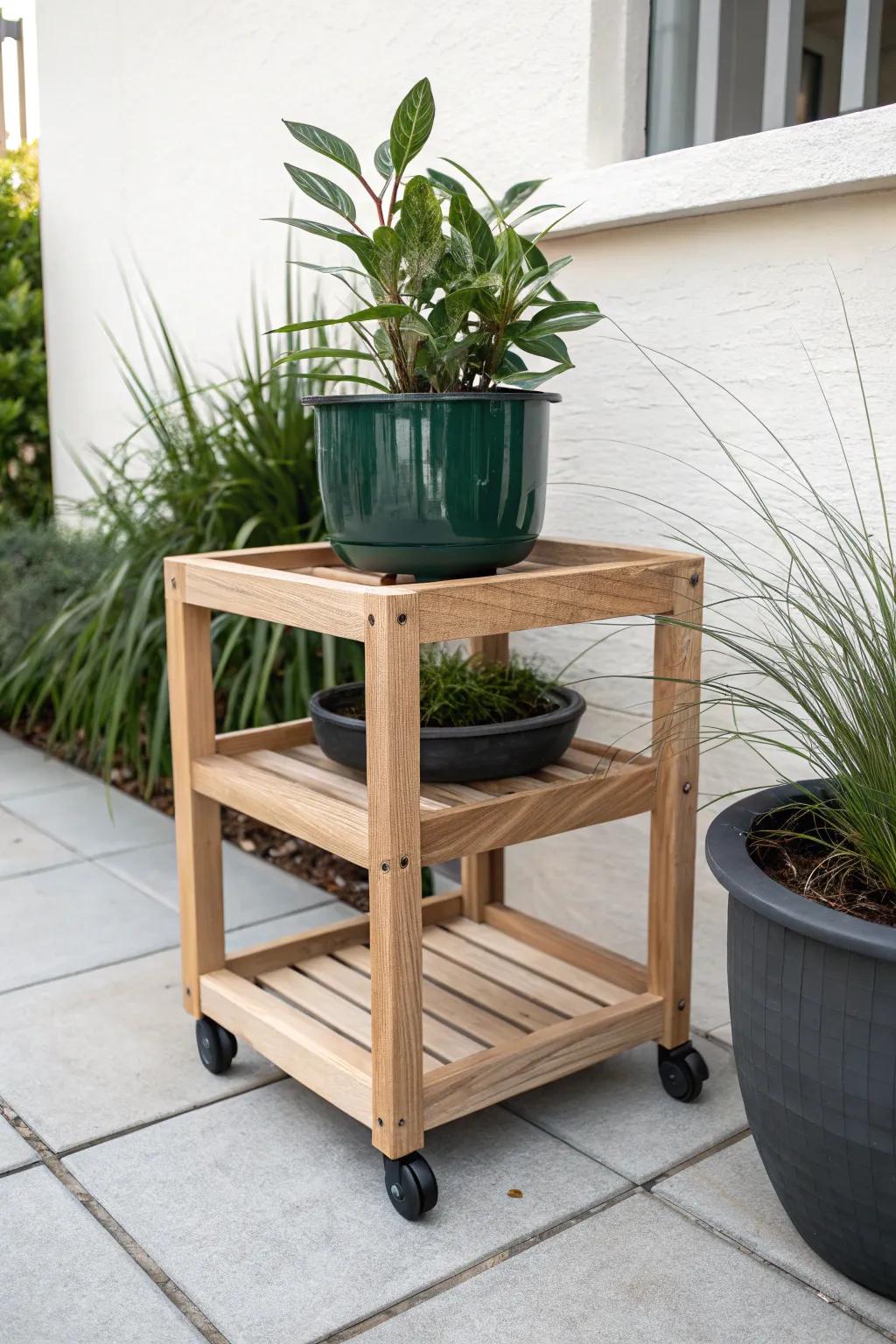 Roll with the sun—this handmade wood plant cart with locking casters keeps greenery mobile.