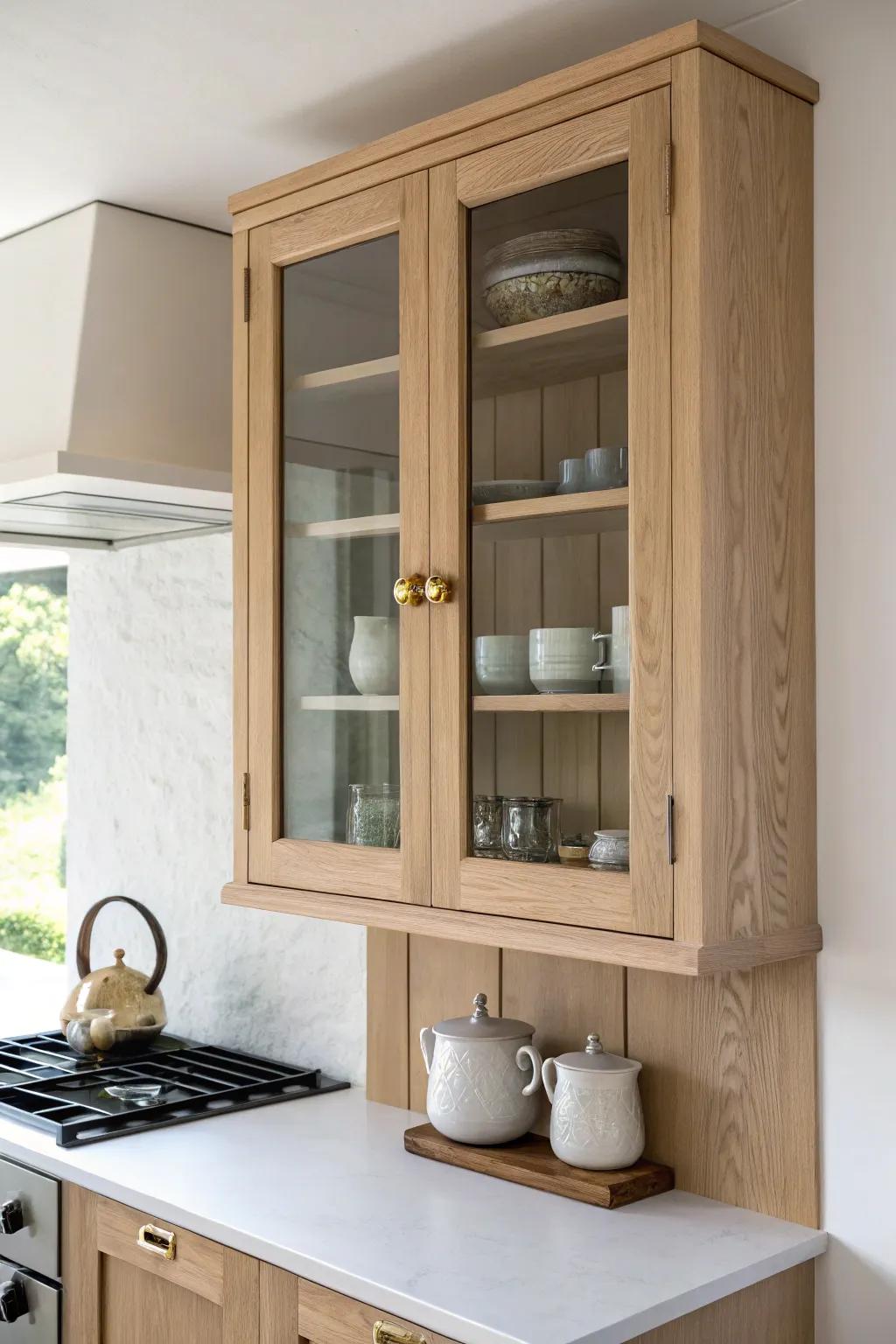 Glass-front cabinet above the stove turns everyday ironstone into a bright, collected display.
