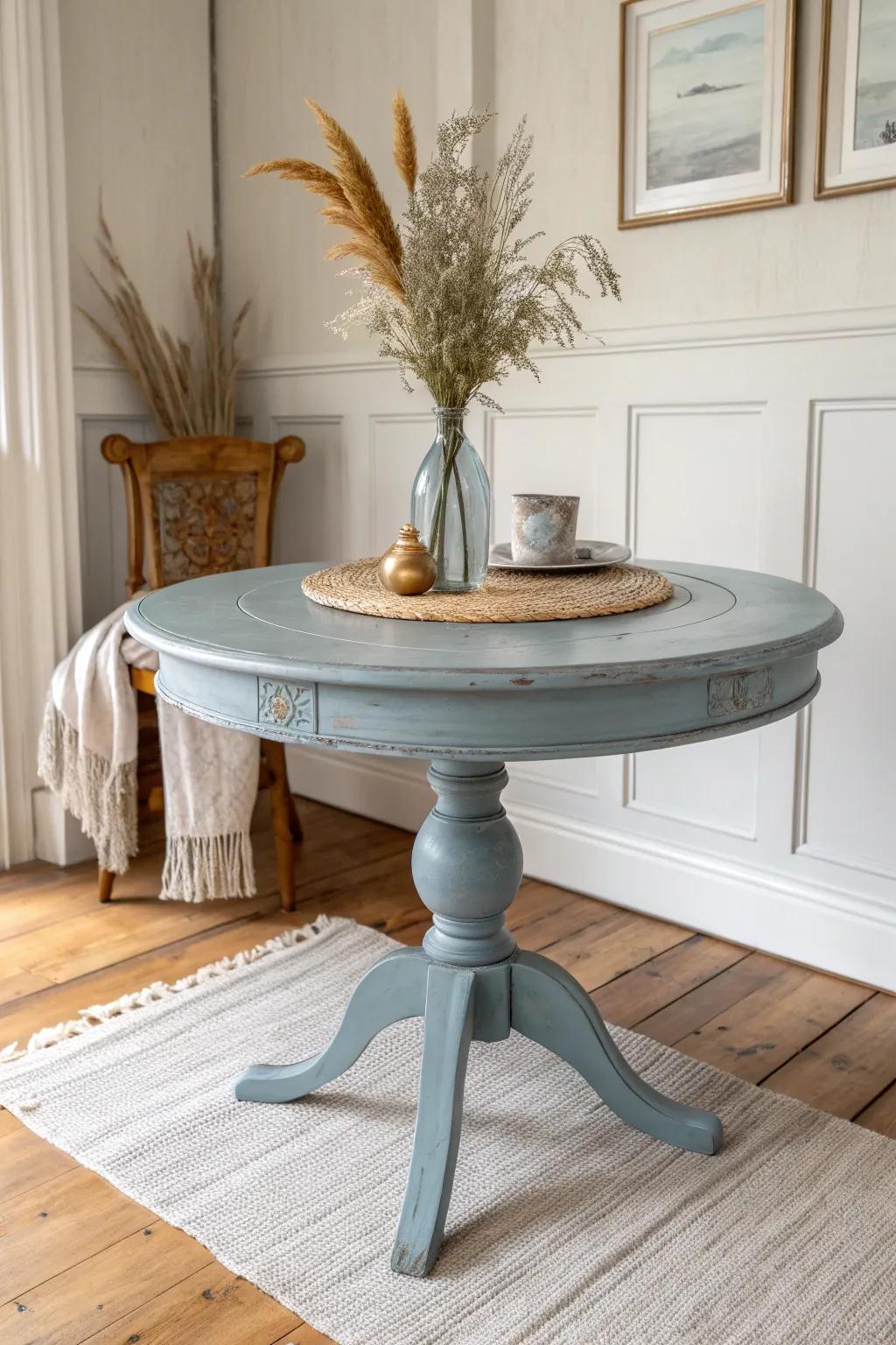 Dusty blue dining table, vintage charm meets clean Scandinavian lines—an instant heirloom look.