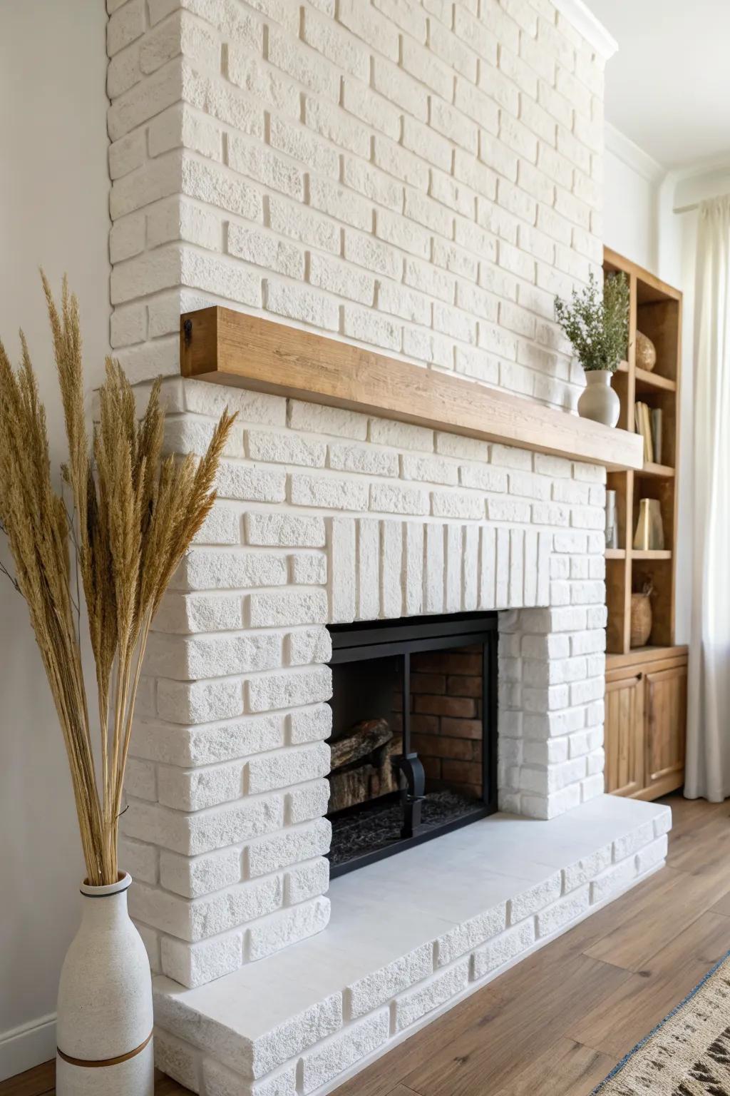 Soft white painted brick brightens the fireplace while keeping the timeless texture alive.