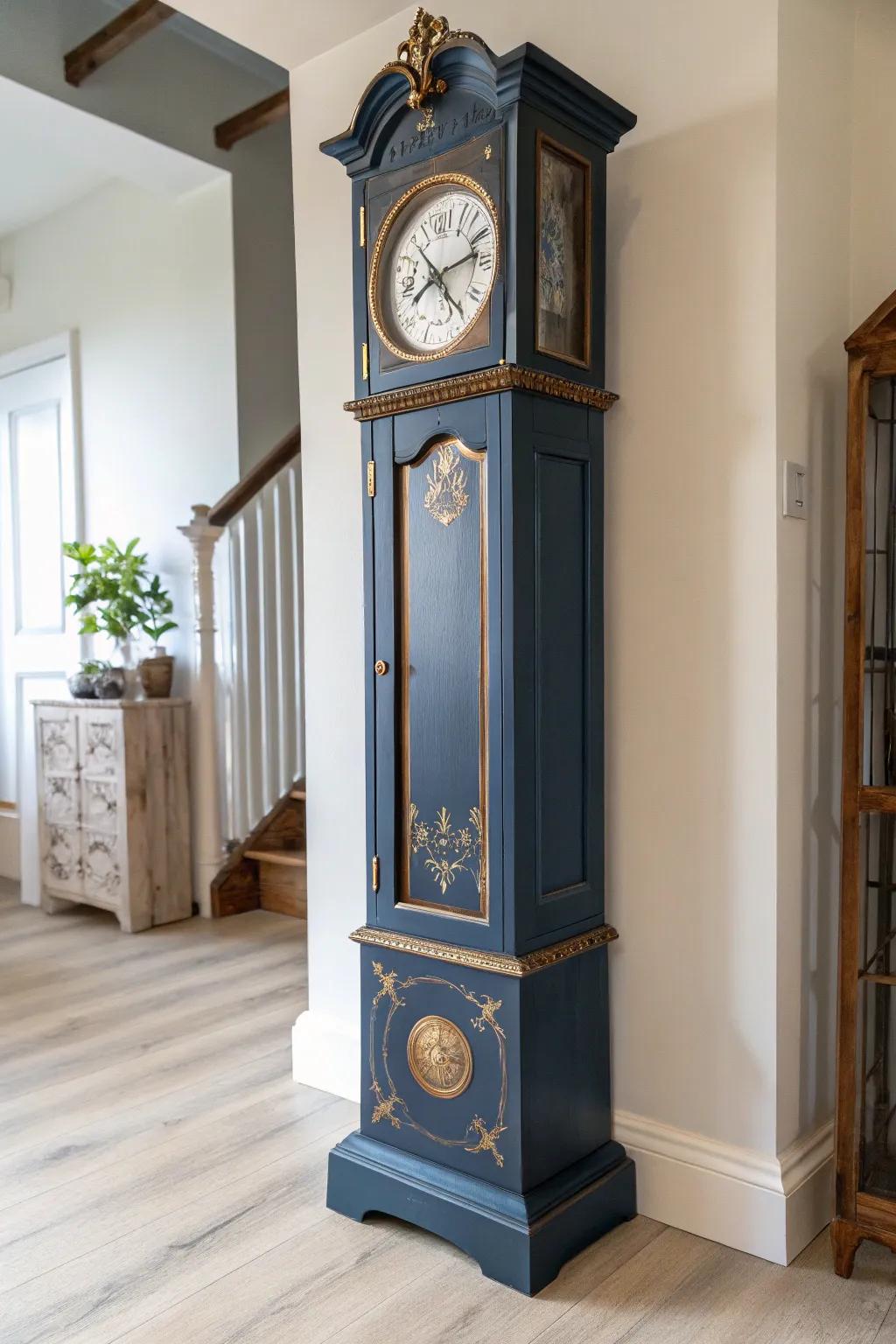 Matte navy grandfather clock with antique metallic highlights for a rich, tailored look.
