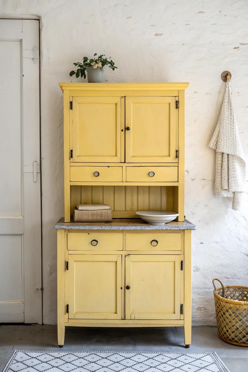 Butter-yellow Hoosier cabinet glow—vintage cheer with clean Scandinavian simplicity.