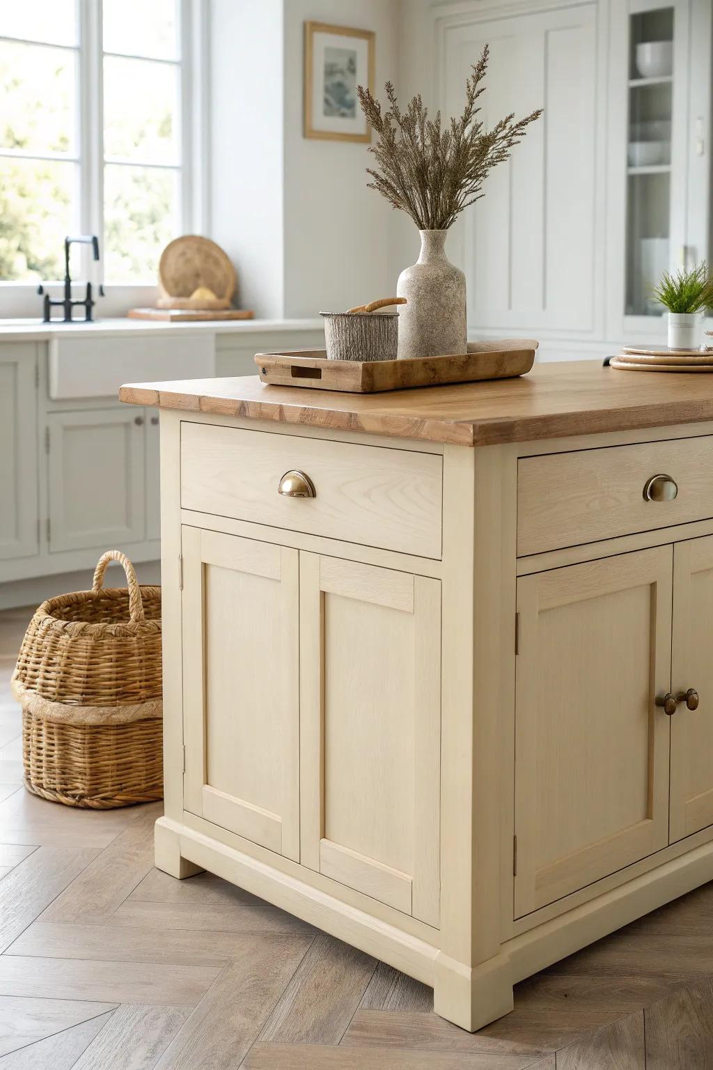 Creamy beige island paint adds cozy cottage warmth and gentle contrast against white cabinetry.