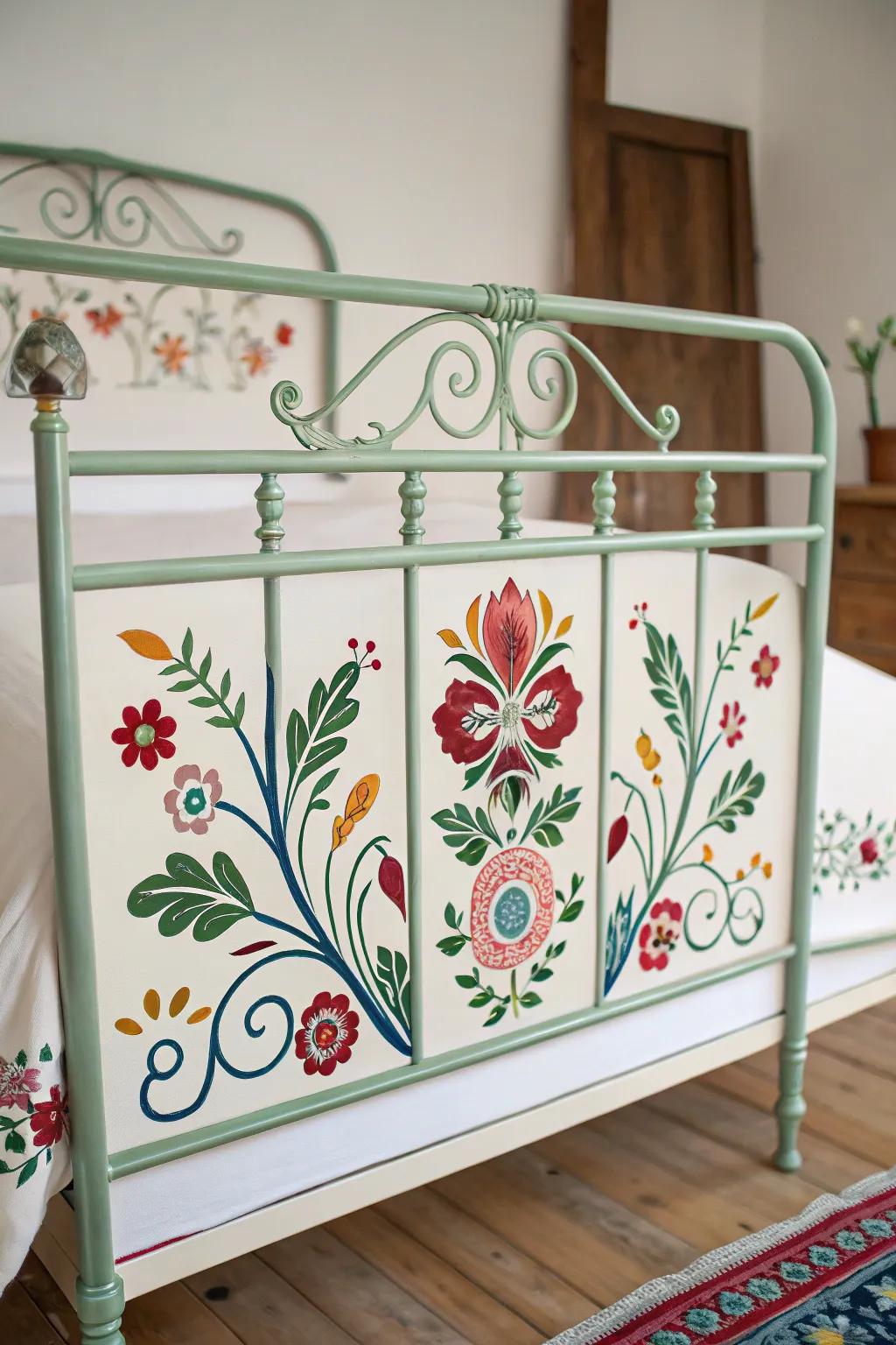 Transform your bedroom into an artistic sanctuary with intricate floral stencils on a metal bed frame.