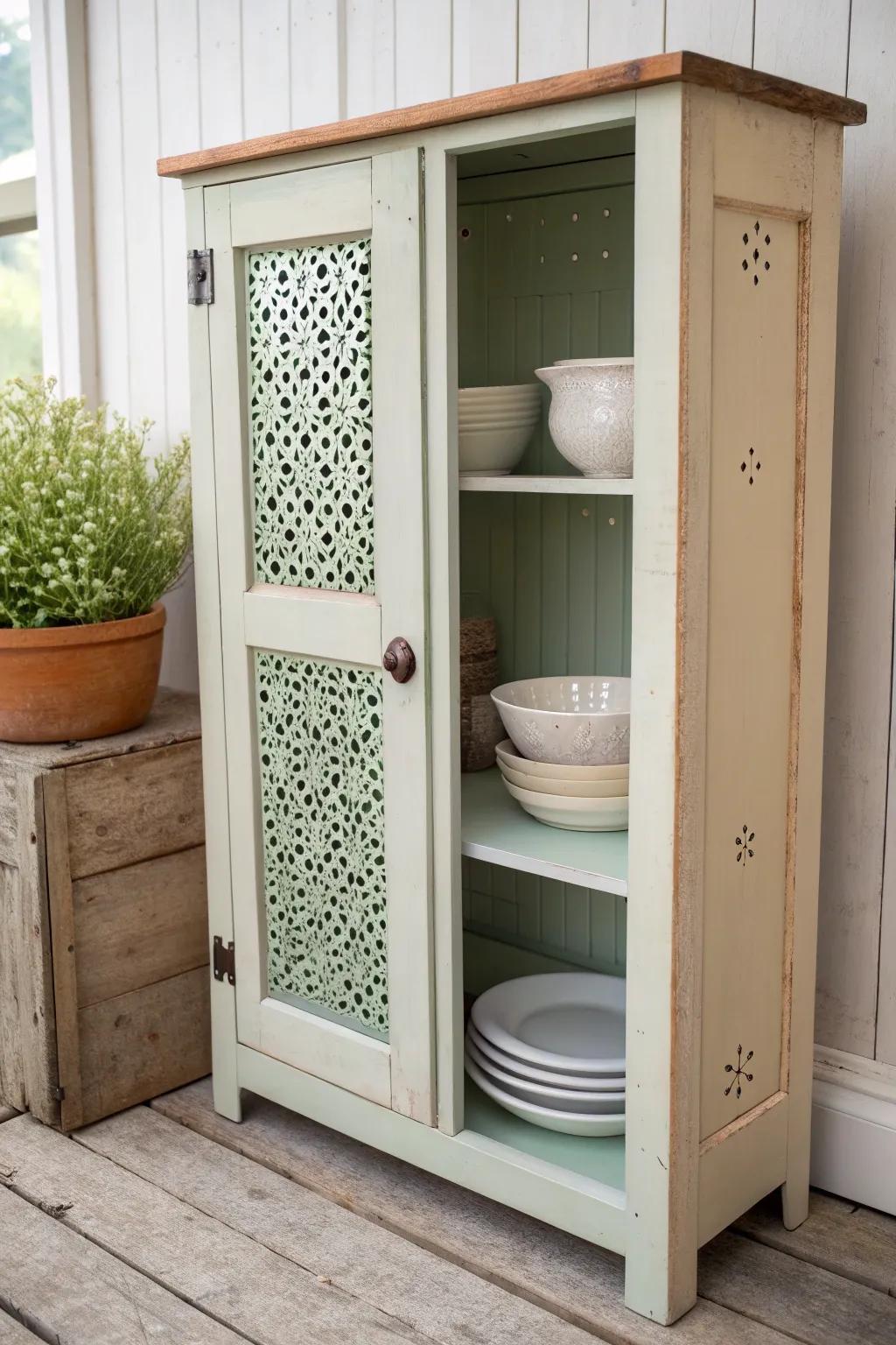 Neutral outside, pale-sage inside: a painted pie safe that turns dishes into décor.
