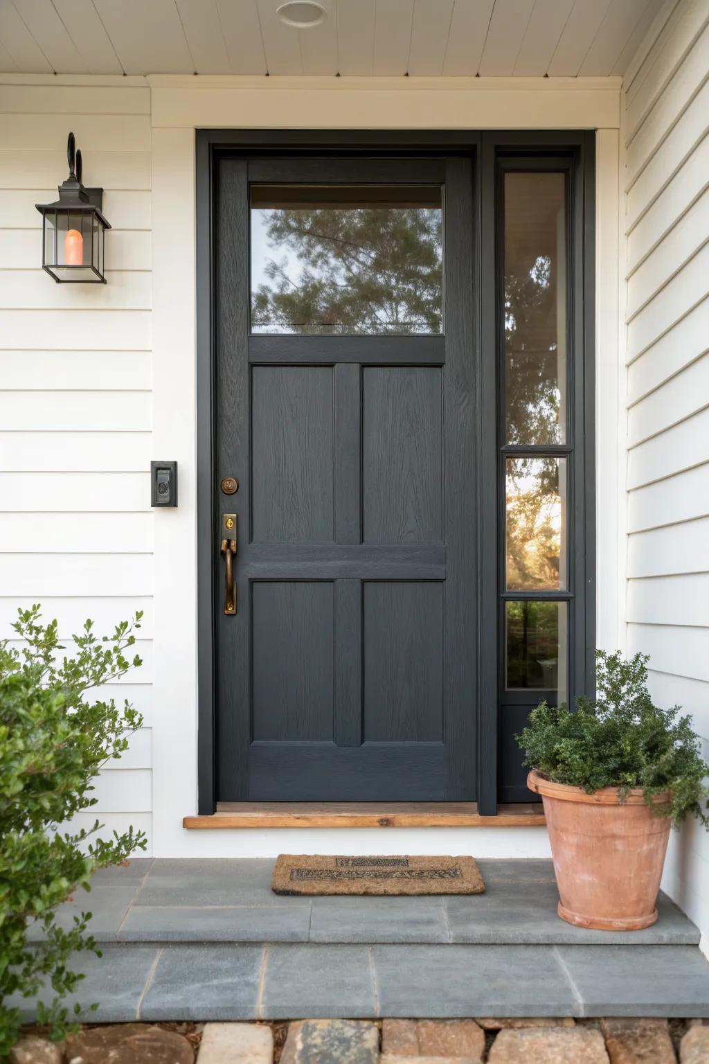 Matte charcoal screen door: moody modern contrast that hides smudges and elevates the porch.