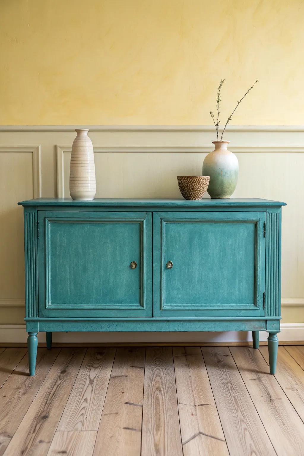 Velvety matte teal sideboard—minimal lines, rich depth, and handcrafted warmth.