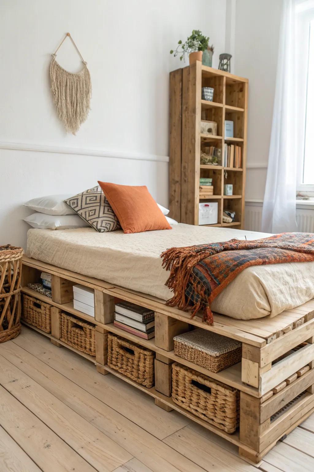 Pallet bed with built-in cubby storage—baskets and books tucked neatly underneath in style.